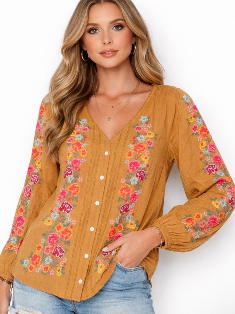 Savanna Jane Mustard Floral Embroidered Button-Up Blouse